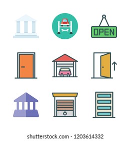 entrance icon set. vector set about bank, garage, door and open icons set.