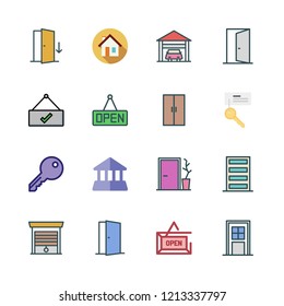 entrance icon set. vector set about house, key, open and garage icons set.