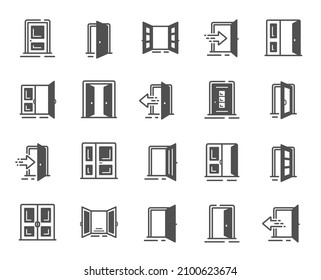 Entrance icons. Open door, Building entry, Emergency exit. Closed doorway, Doorframe, House entrance simple icons. Door knob, home entry, building access. Interior gate, double door. Vector
