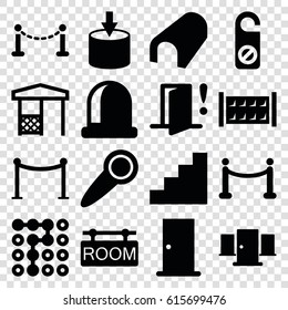 Entrance icons set. set of 16 entrance filled icons such as fence, door, tunnel, Red carpet barrier, do not disturb, gazebo, stair, room tag, red carpet, door warning