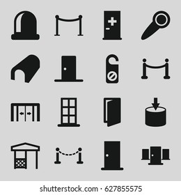 Entrance icons set. set of 16 entrance filled icons such as fence, sliding doors, aid post, door, tunnel, Red carpet barrier, do not disturb, gazebo, red carpet, door knob