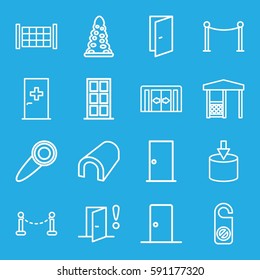 entrance icons set. Set of 16 entrance outline icons such as fence, sliding doors, aid post, door, tunnel, Red carpet barrier, do not disturb, gazebo, door warning, door knob