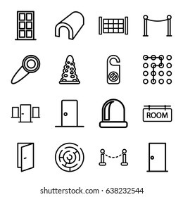 Entrance icons set. set of 16 entrance outline icons such as fence, door, tunnel, red carpet barrier, do not disturb, room tag, door knob, labyrinth