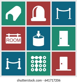 Entrance icons set. set of 9 entrance filled icons such as door, tunnel, red carpet barrier, room tag, red carpet, entrance, labyrinth