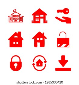 entrance icons set with lock, down arrow on horizontal line and school building with flag vector set