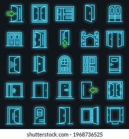 Entrance icons set. Outline set of entrance vector icons neoncolor on black