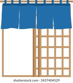 Entrance illustration material of a sliding door with dark blue curtains