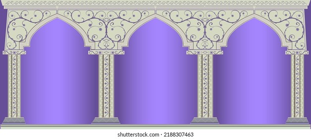 Entrance to the indian or arabic palace, flat vector illustration in gray and lilac colors, isolated on violet background, can use for wallpaper, background for cover, invitation cards