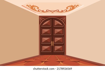 Entrance to library interior. Luxury library with wooden furniture. Cozy place for litareture collection