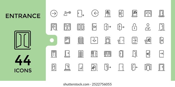 Entrance line icon collection, Open door, Building entry, Emergency exit. Closed doorway, Doorframe and more outline icons set. editable stroke and pixel perfect.