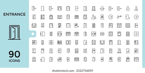 Entrance line icon collection, Open door, Building entry, Emergency exit. Closed doorway, Doorframe and more outline icons set. editable stroke and pixel perfect.