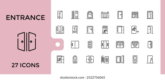 Entrance line icon collection, Open door, Building entry, Emergency exit. Closed doorway, Doorframe and more outline icons set. editable stroke and pixel perfect.