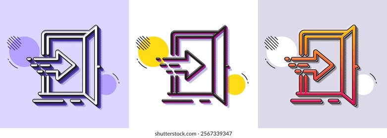 Entrance line icon. Halftone dotted pattern. Gradient icon with grain shadow. Entry door sign. Building exit symbol. Line entrance icon. Various designs. Vector