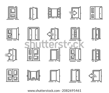 Entrance line icons. Open door, Building entry, Emergency exit. Closed doorway, Doorframe, House entrance outline icons. Door knob, home entry, building access. Interior gate, double door. Vector