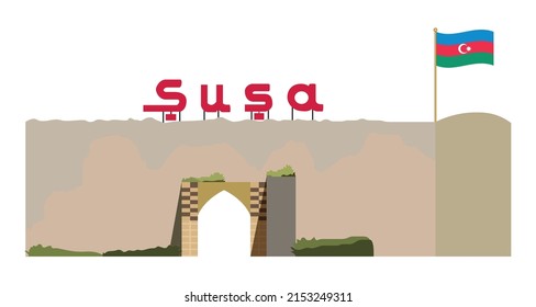 Entrance logo of the city of Shusha and Azerbaijan flag graphic element Illustration template design
