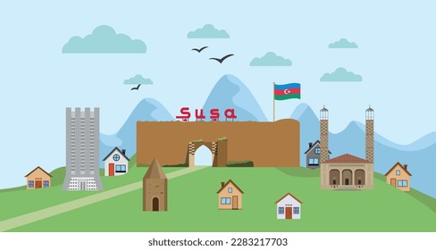 Entrance logo of the city of Shusha and Azerbaijan flag graphic element Illustration template design
