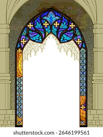Entrada para o palácio oriental mágico. Fundo de conto de fadas de fantasia. Desenho do portão e janela de vidro manchado. Ilustração vetorial para jogos de computador, capa de livro infantil, papel de parede, design.