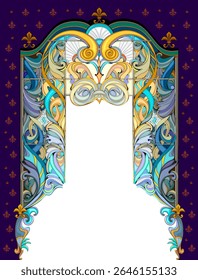 Entrada para a terra mágica. Fundo com portão e vitral janela. Desenho do ambiente de conto de fadas de fantasia. Ilustração vetorial para jogos de computador, capa de livro infantil, papel de parede, design