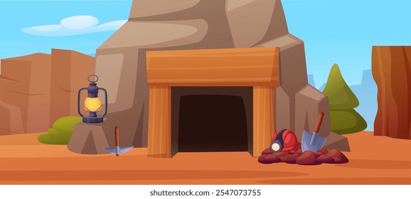 Entrance in mine cave in mountain. Mining tools, shovel pickaxe and helmet with flashlight, stones pile and lantern. Cartoon vector landscape