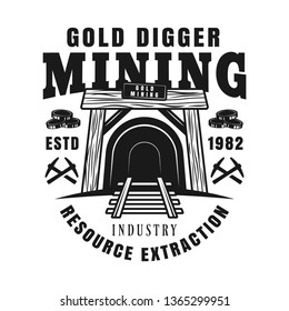 Entrance in mine shaft vector monochrome emblem, badge, label or logo for precious metal mining company in vintage style isolated on white background