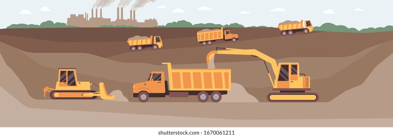 Entrance to the mining earth tunnel on quarry landscape, flat vector illustration. Industrial horizontal background with working transport and equipment.