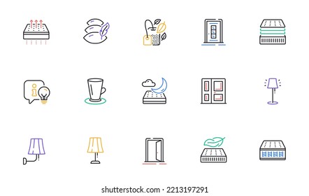 Entrance, Night mattress and Open door line icons for website, printing. Collection of Door, Wall lamp, Mint bag icons. Teacup, Pillow, Stand lamp web elements. Deluxe mattress. Sleeping pad. Vector