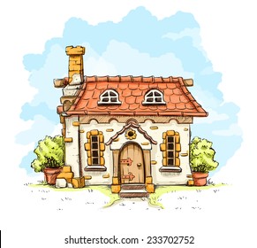 Entrance in old fairy-tale house with tiles roof. Eps10 vector illustration. Isolated on white background