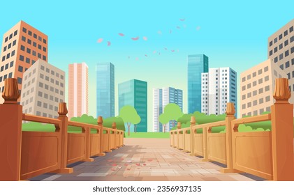 Entrada en perspectiva en el puente. Calle panorámica de la ciudad con fachadas vistas panorámicas. Paisaje urbano de colores. Imagen vectorial de la calle de la ciudad.