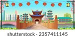 Entrance on the chinese bridge in perspective. Big Panorama chinese street with old houses, chinese arch, lanterns and a garland. Ancient temples. Chinese New Year. Vector illustration of city street.