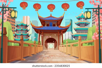 Eintritt auf der chinesischen Brücke in Perspektive. Panorama-Chinesische Straße mit alten Häusern, chinesischem Bogen, Laternen und einer Garage. Alte Tempel. Chinesisches Neujahr. Vektorgrafik der Stadtstraße.