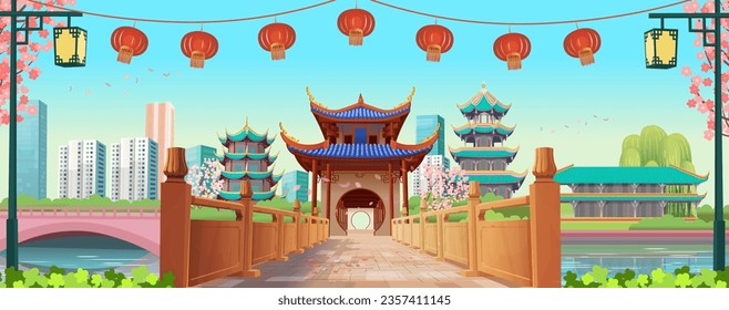 Entrance on the chinese bridge in perspective. Big Panorama chinese street with old houses, chinese arch, lanterns and a garland. Ancient temples. Chinese New Year. Vector illustration of city street.
