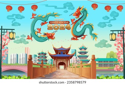 Entrada en perspectiva en el puente chino. Gran calle Panorama china con casas antiguas, arco chino, farolillos y un pantano y dragón chino, símbolo de 2024. símbolo zodiaco Flying dragons.