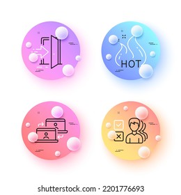 Entrance, Opinion and Outsource work minimal line icons. 3d spheres or balls buttons. Hot sale icons. For web, application, printing. Open door, Choose answer, Remote job. Shopping flame. Vector