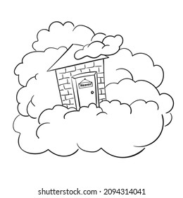 Entrance to paradise doodle, Door in wall on fluffy cloud, Sign on door with inscription Heaven, Vector cartoon style illustration black drawing on white background