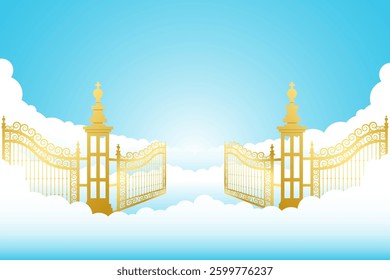 Entrance to paradise, open gate. leading to to the wrought iron gates.background with fluffy clouds. Vector