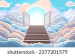 Entrance to paradise, open gate. Staircase leading to to the wrought iron gates.background with fluffy clouds. Stairs up. Vector cartoon illustration.