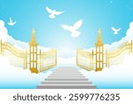 Entrance to paradise, open gate. Staircase leading to to the wrought iron gates.background with fluffy clouds. Stairs up. Vector