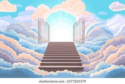 Entrada al paraíso, puerta abierta. Escalera que conduce a las puertas de hierro forjado. fondo con nubes esponjosas. Escaleras arriba. Ilustración de dibujos animados.