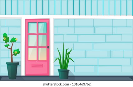 Entrance pink door on the blue brick wall with flower and plant tree pots. Bright vector illustration. Flat cartoon style.