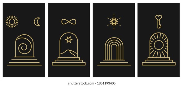 Entrance and Portal for Self-realization. Individuation, Opening up New Horizons, Knowing Yourself, Ego. Vector Abstract Sign and Logo in Linear Minimal Style