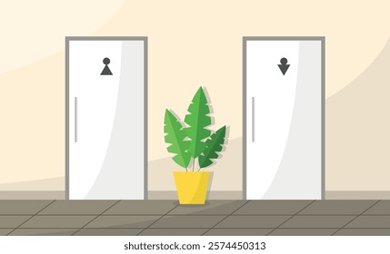 Entrance to a public toilet. Male and female. Interior of the corridor with a plant.