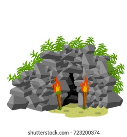 entrance rock nature stone cave with plants and torches