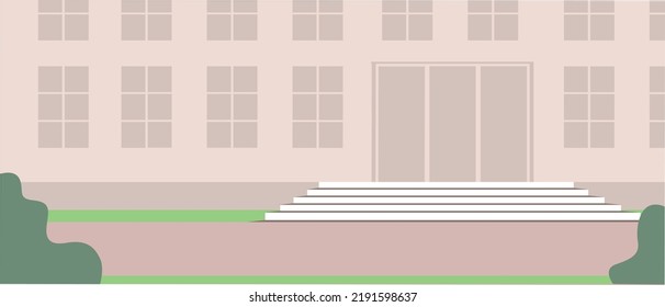 Entrance To School Or University, Flat Vector Stock Illustration With Outside Building As Template For Design, No People