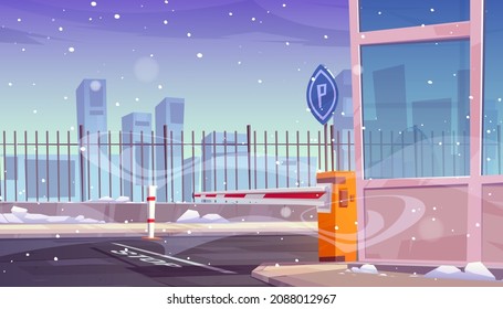 Entrance To Security Parking With Automatic Car Barrier. Vector Cartoon Illustration Of Automobile Park Entry With Closed Boom Gate, Road Sign, Stop Line, Fence And Booth. Checkpoint In Winter