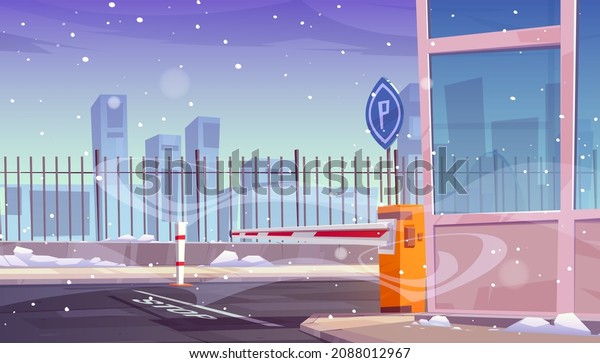 Entrance to security parking with automatic car
barrier. Vector cartoon illustration of automobile park entry with
closed boom gate, road sign, stop line, fence and booth. Checkpoint
in winter
