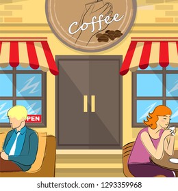 Entrance to a small street cafe. In the foreground, visitors sit and drink coffee. Vector illustration