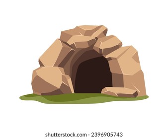 Entrance to a stone cave, natural dwelling of prehistoric man and geological formation in the rock, flat vector illustration isolated on white background.