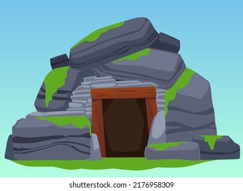 Entrance to stone cave overgrown with moss flat vector illustration isolated on moon sky background. Cave in mountains, hillside or cliff with wooden doorway.