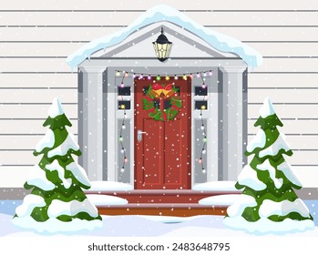 Entrance to the suburban house decorated with a Christmas wreath on the door with a garland and spruce. Merry christmas holiday. New year and xmas celebration. Vector illustration flat style