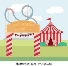 entrance tent amusement park carnival flat design vector illustration